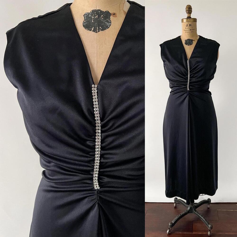 Vintage 70s Black Polyester Knit Sleeveless Fitted Ruched Midi Rhinestone Disco